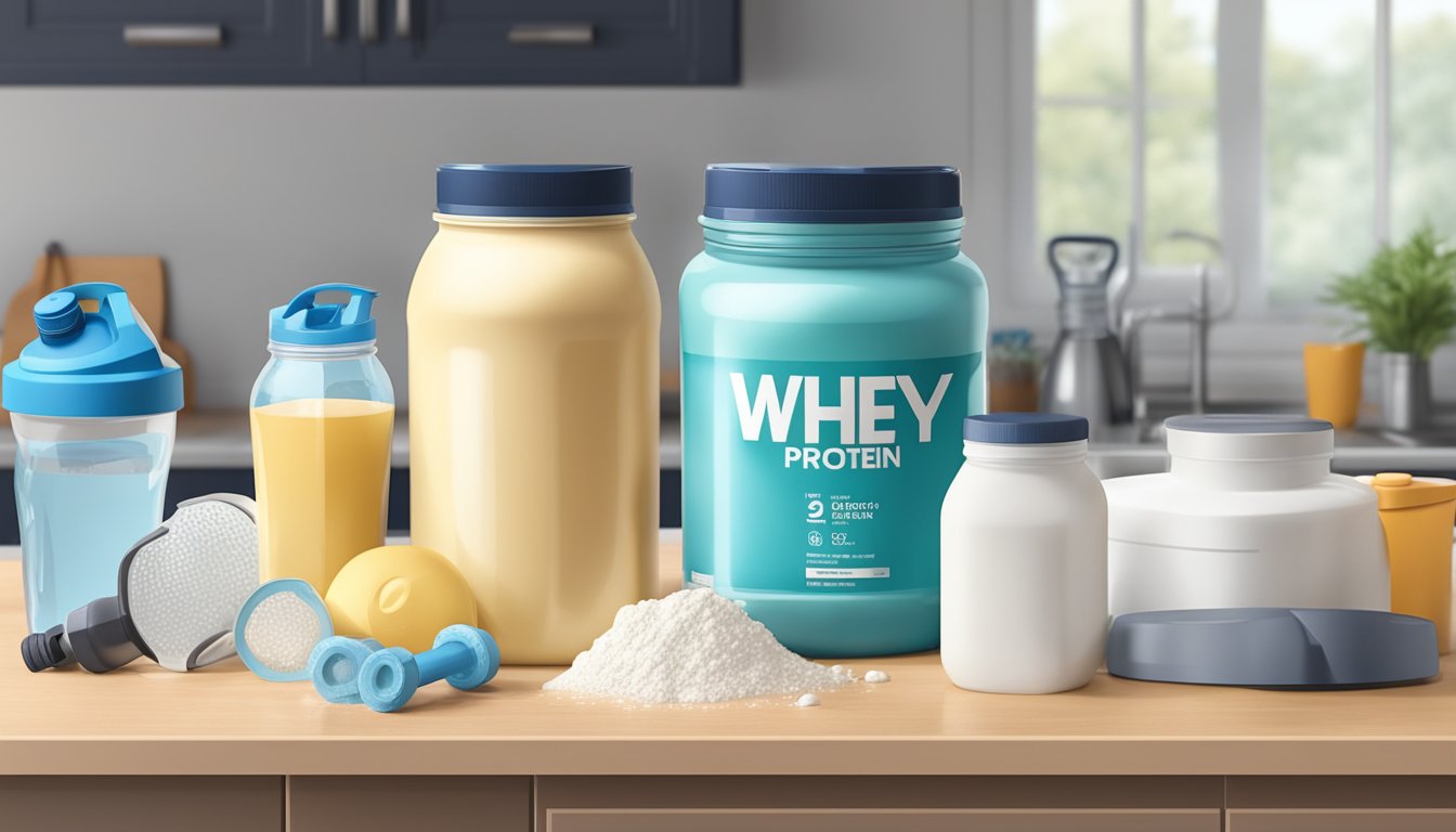 A jar of whey protein sits on a kitchen counter, surrounded by scattered workout gear and a half-empty water bottle