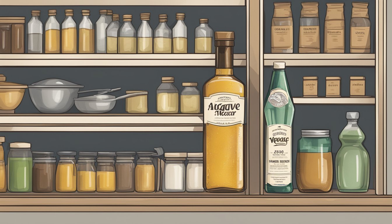 A bottle of agave nectar sits on a shelf, surrounded by other pantry items. The label is faded, and the liquid inside appears cloudy and separated