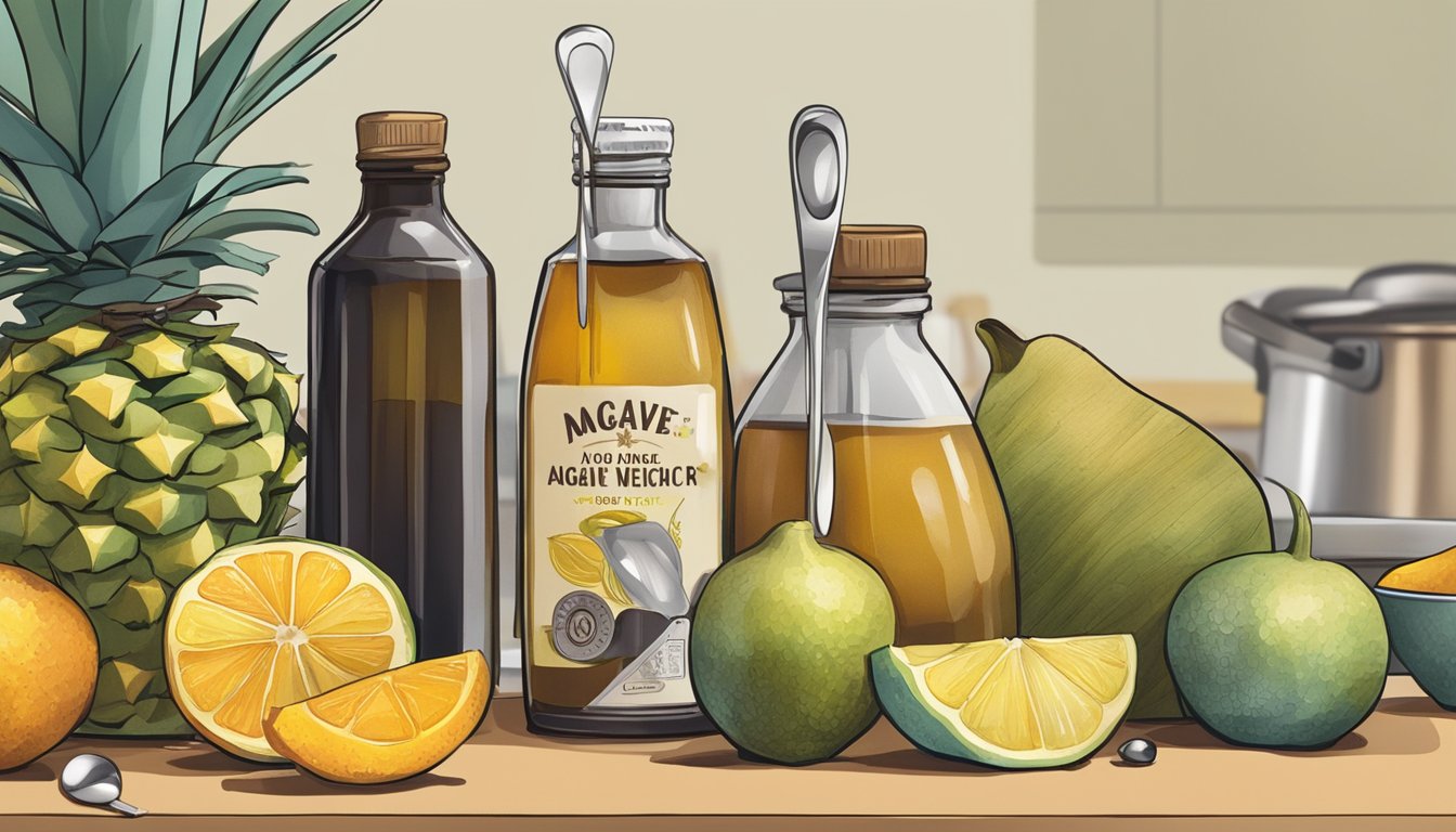 A bottle of agave nectar sits on a kitchen counter, surrounded by various fruits and measuring spoons. A small section of the nectar appears discolored