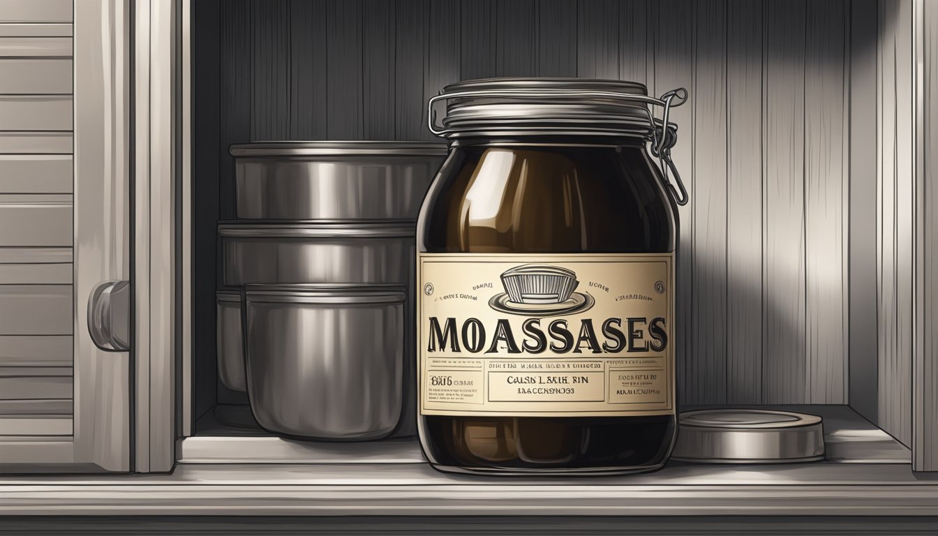 A glass jar of molasses sits on a shelf in a cool, dark pantry, tightly sealed with a metal lid