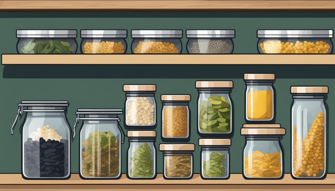 A pantry shelf with neatly organized jars and containers of various dried goods, including a packet of kombu seaweed