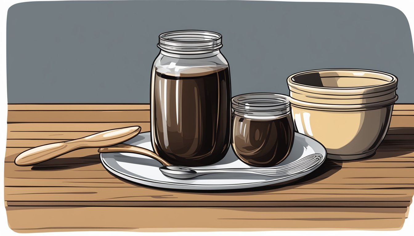 A jar of molasses sits on a kitchen counter next to a measuring spoon and a mixing bowl, ready to be used in cooking and baking