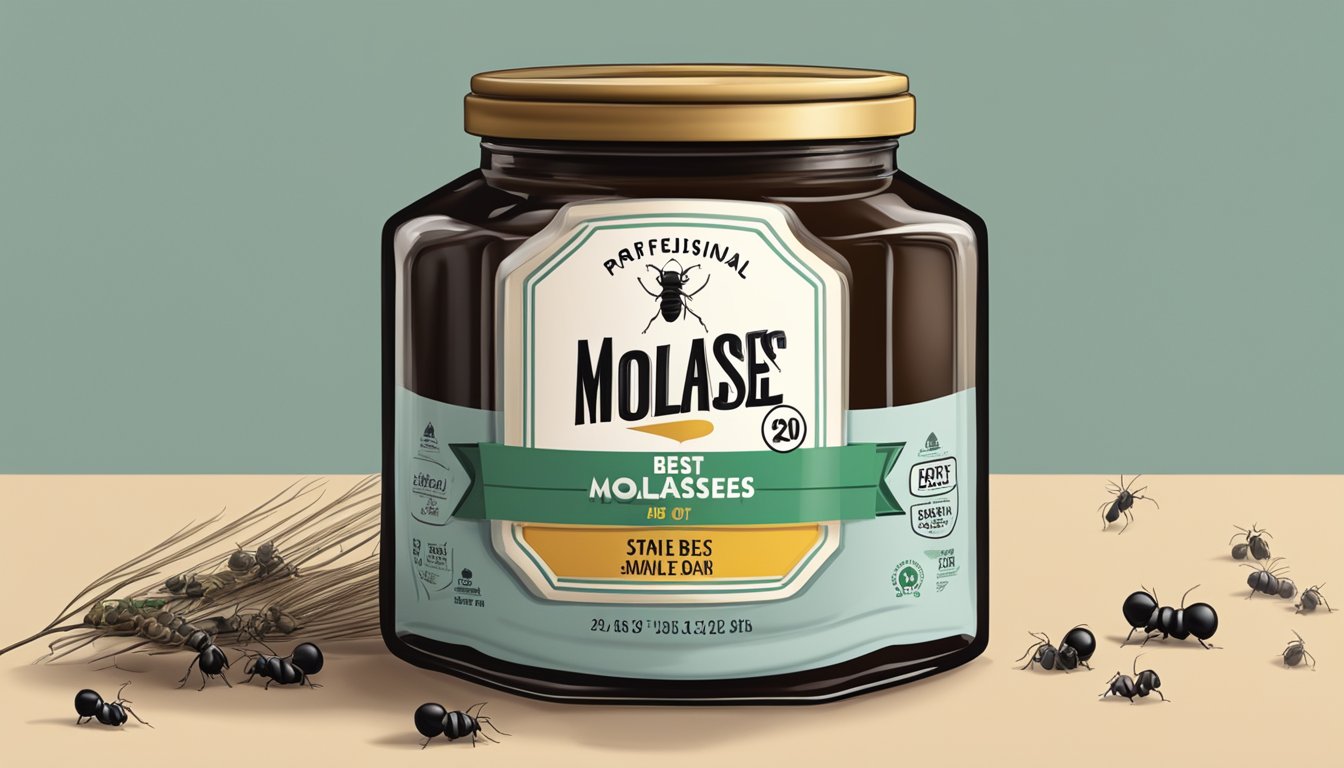 A jar of molasses with a best-by date on the label, surrounded by sticky spills and a few pesky ants