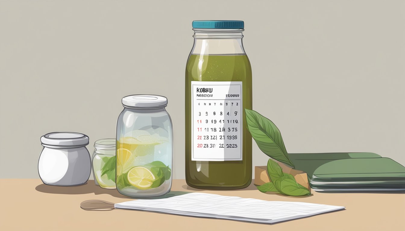 A glass jar of kombucha and a package of kombu tea next to a calendar showing the expiration date