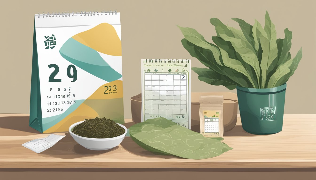 A kitchen counter with a package of dried kombu, a calendar, and a question mark