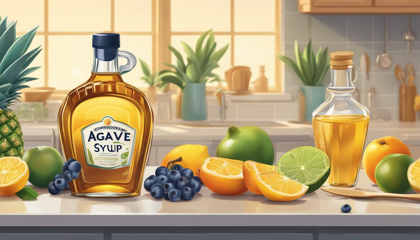 A bottle of agave syrup sits on a kitchen countertop, surrounded by colorful fruits and a measuring spoon. The syrup looks clear and viscous, with a golden hue catching the light