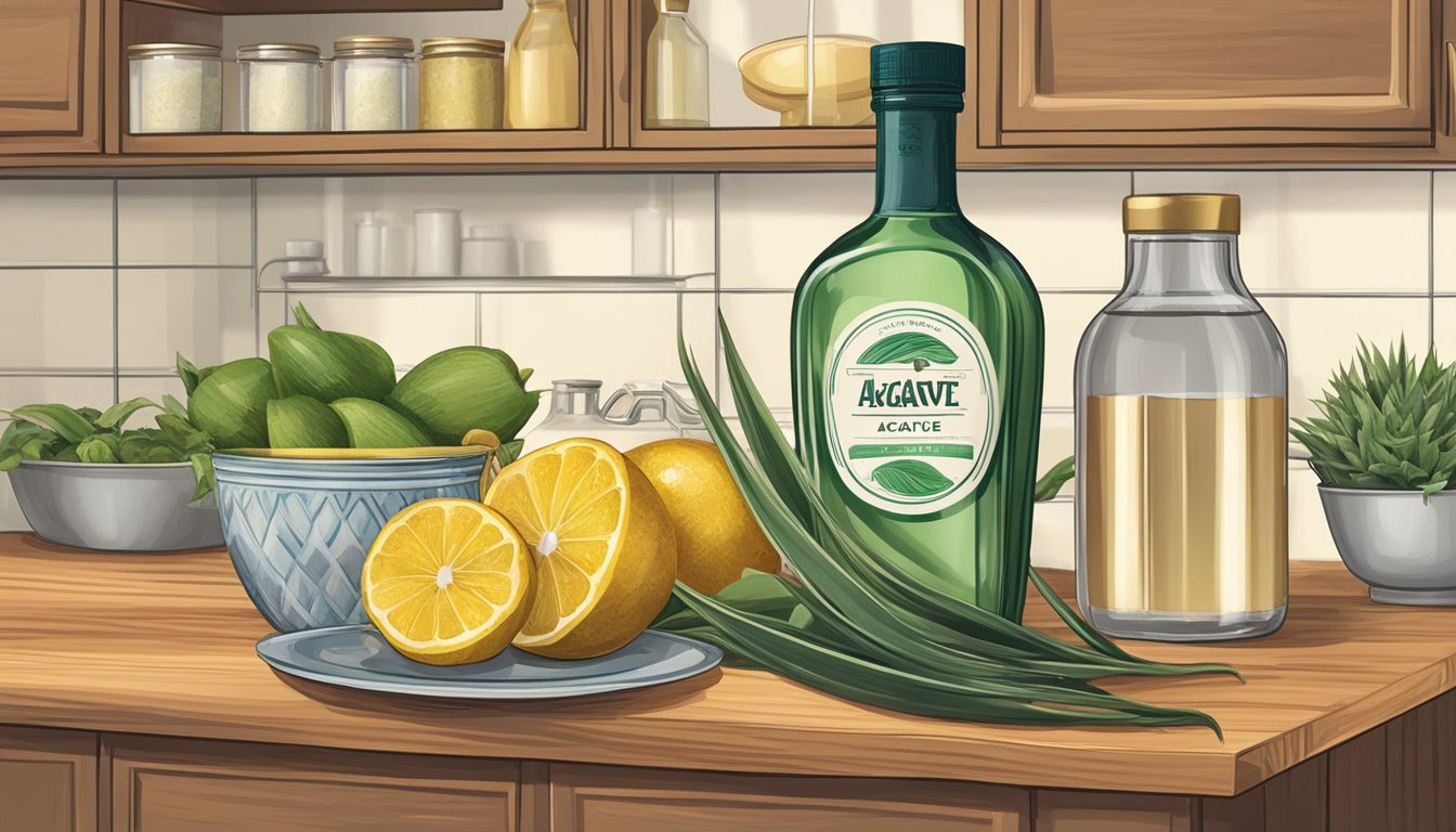 A bottle of agave sits on a kitchen shelf, surrounded by other cooking ingredients. The label is facing outwards, and the liquid inside is clear and golden