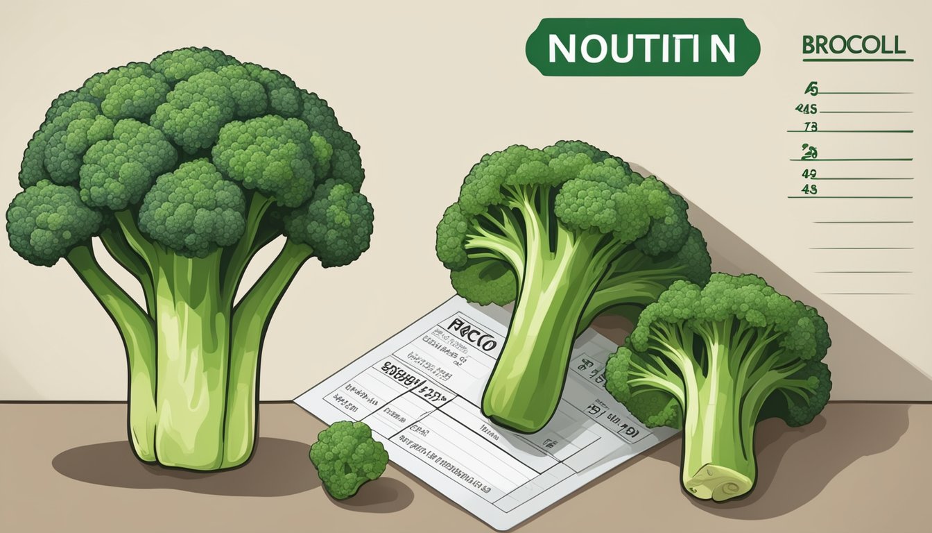 A head of broccoli sits on a countertop next to a nutrition facts label. The broccoli appears fresh and vibrant, with no signs of spoilage