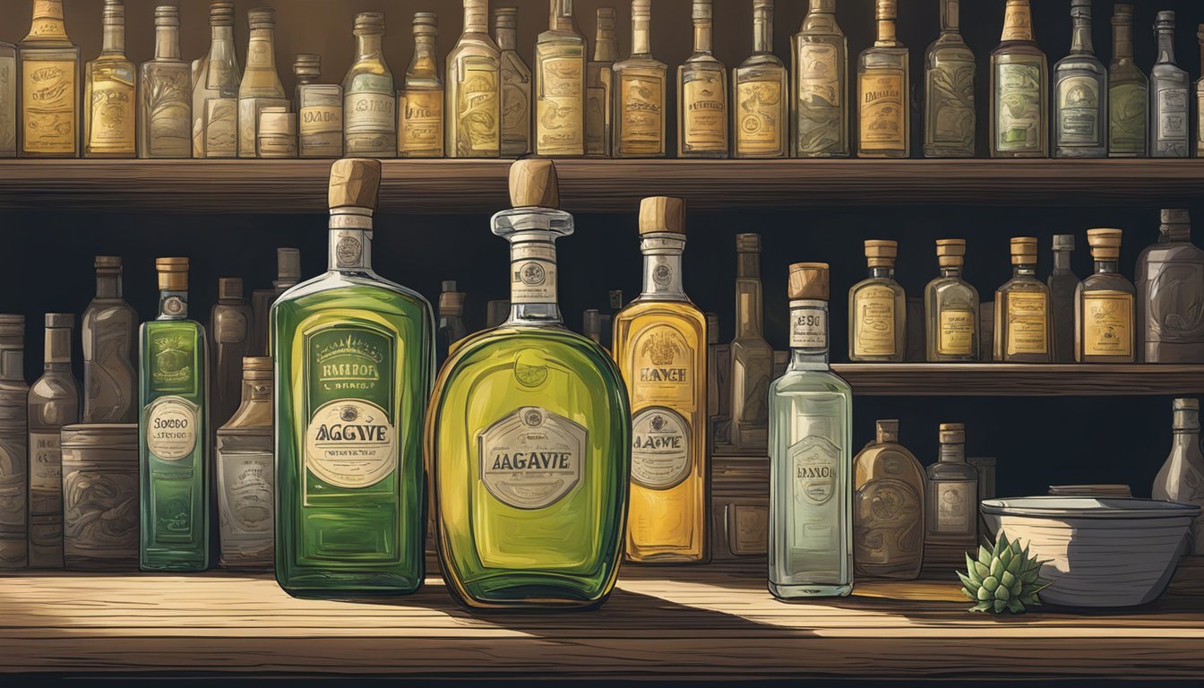 A sealed agave bottle sits on a shelf next to other spirits in a dimly lit pantry