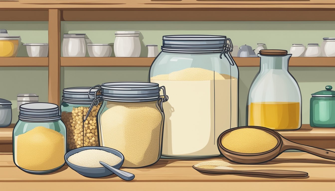 A bag of semolina sits on a kitchen shelf, next to a jar of unused semolina. Both are surrounded by various cooking utensils and ingredients