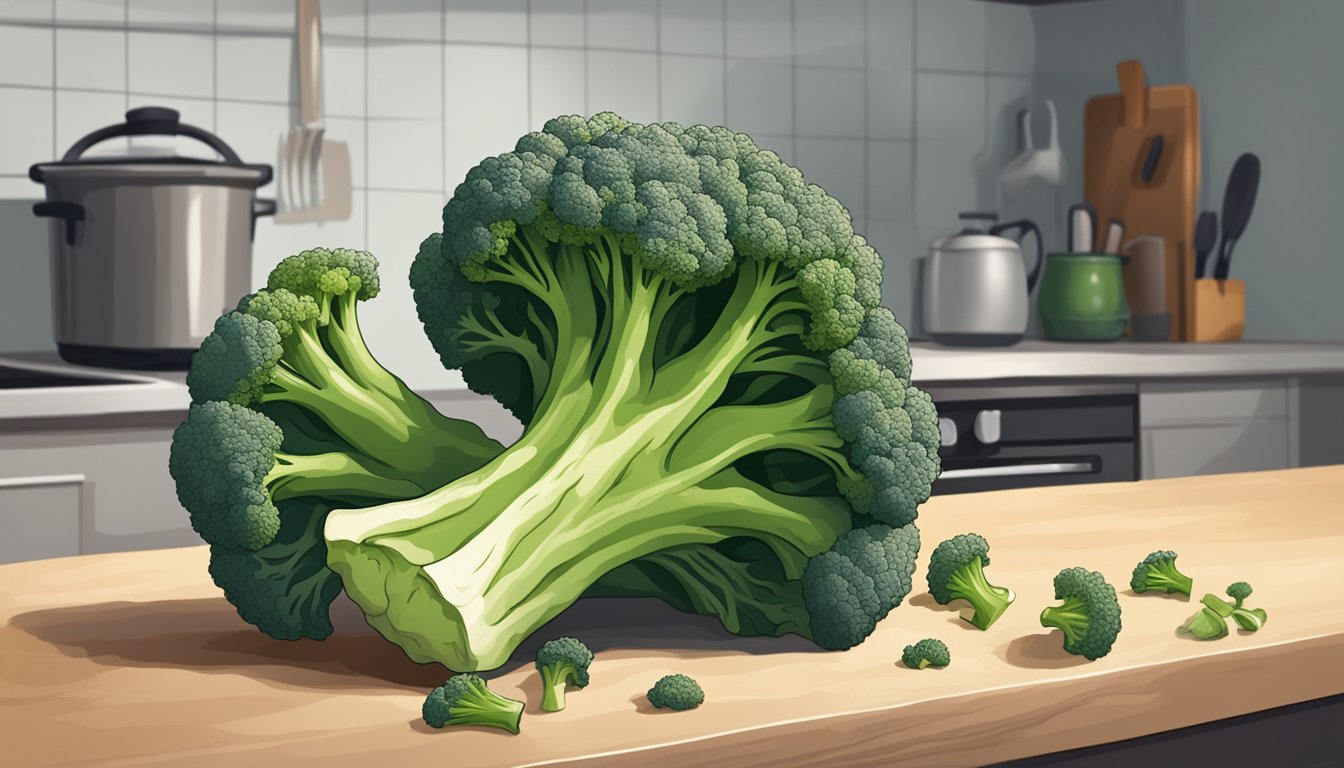 A head of broccoli sits on a kitchen counter, showing signs of wilting and discoloration