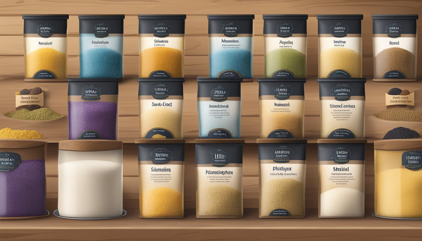 A variety of semolina types displayed on a wooden table, with labels and packaging indicating differences in texture and color