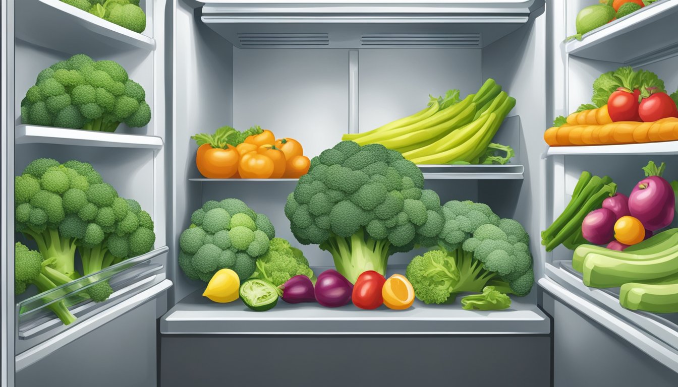 Fresh broccoli in a refrigerator, surrounded by other produce