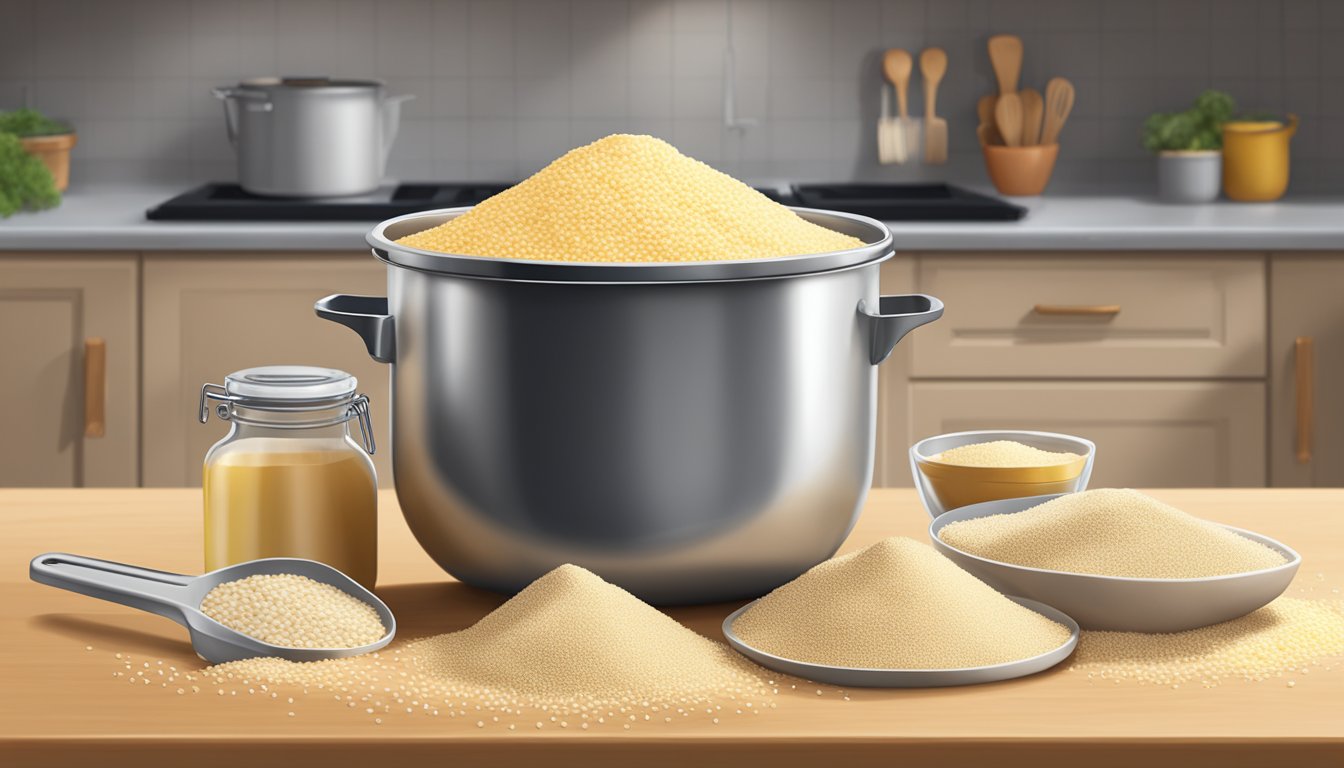 A bag of semolina sits on a kitchen counter, surrounded by measuring cups and a mixing bowl. A few grains have spilled onto the countertop