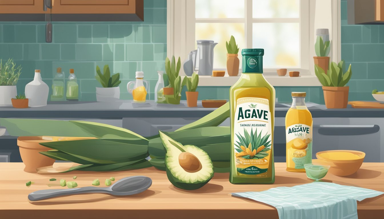 A bottle of agave sits on a kitchen counter, surrounded by various sweeteners and flavorings. A calendar on the wall shows the current date