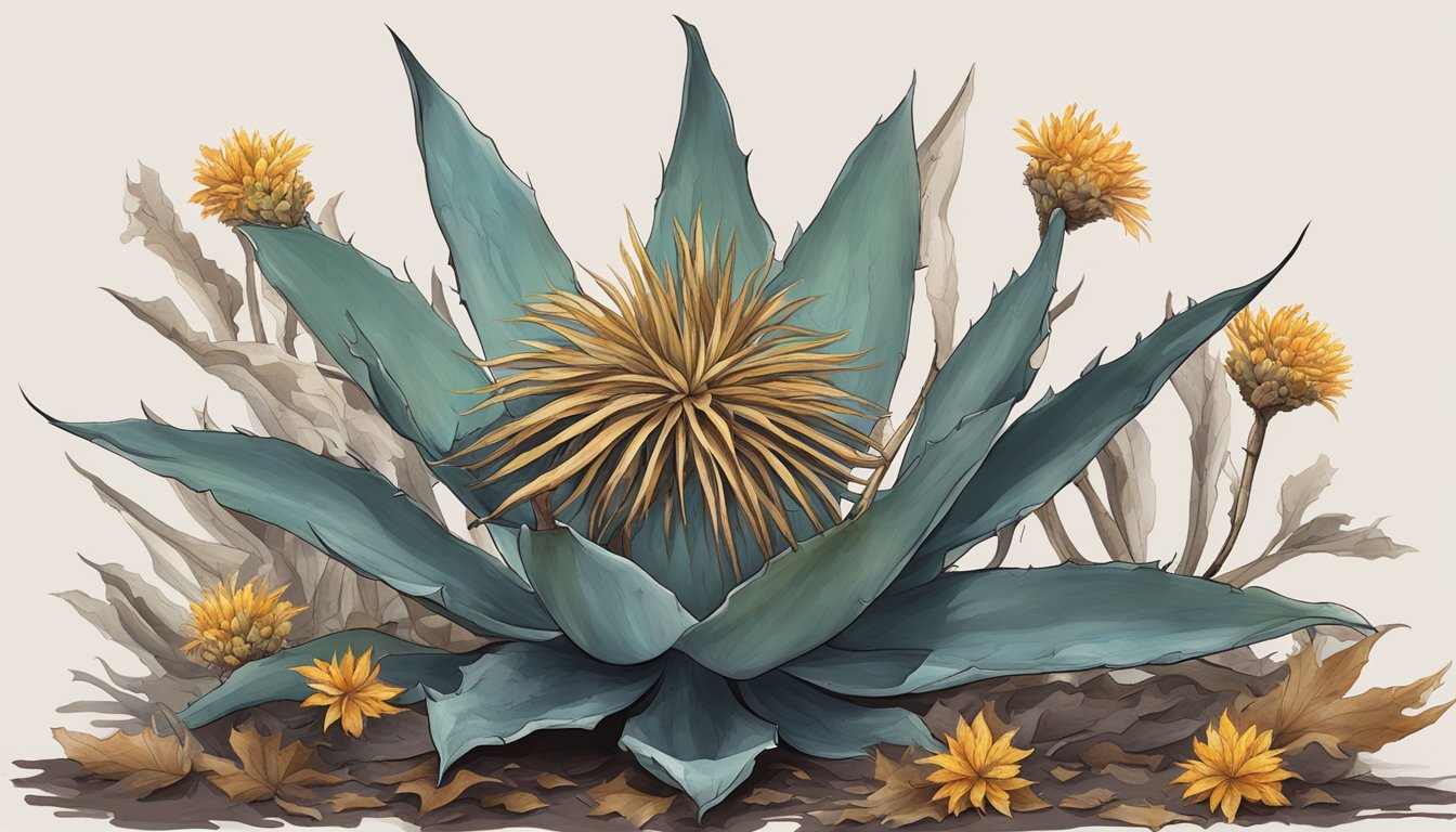 A withered agave plant surrounded by decaying leaves and wilting flowers