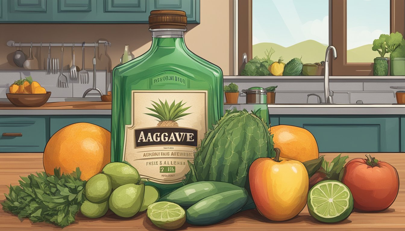 A bottle of agave sits on a kitchen counter, surrounded by fresh fruits and vegetables. The label on the agave bottle indicates its expiration date