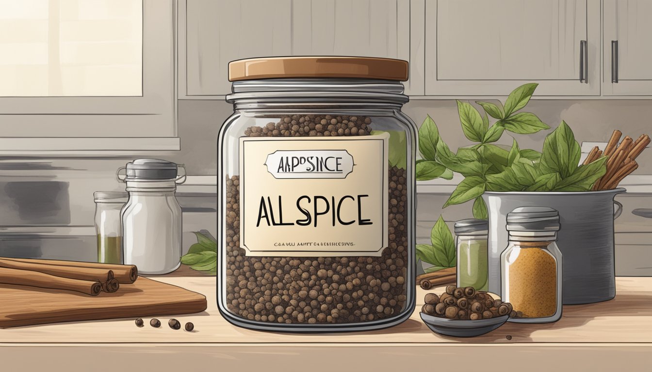 A jar of allspice sits on a kitchen counter, surrounded by various spices and herbs. The label on the jar is faded, suggesting it has been there for some time