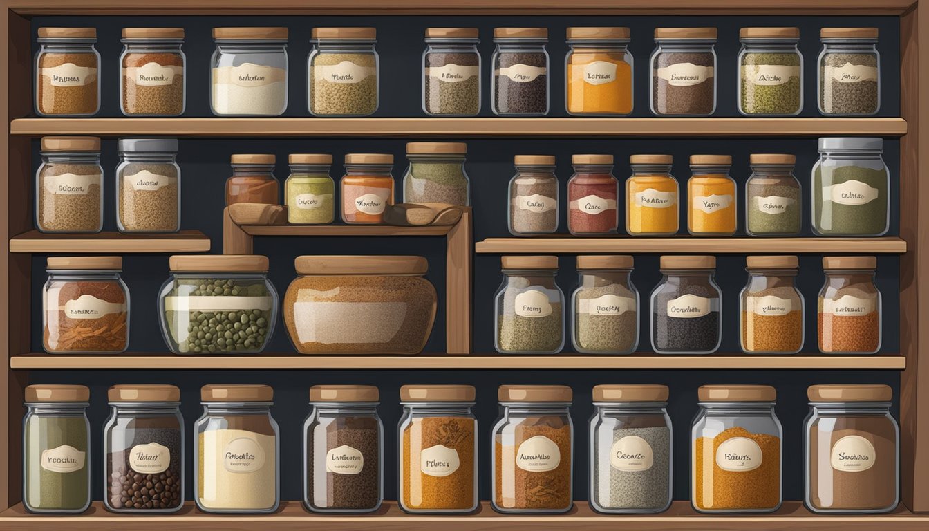 A shelf of spices, including allspice, neatly organized in labeled jars with a variety of colors and textures