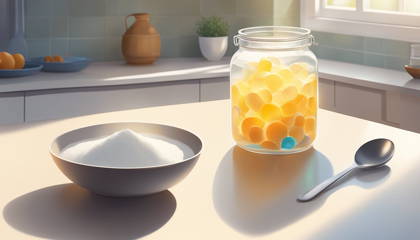 A jar of powdered gelatin sits on a clean, white countertop next to a measuring spoon and a bowl of water. The sunlight streams in, casting a soft glow on the scene