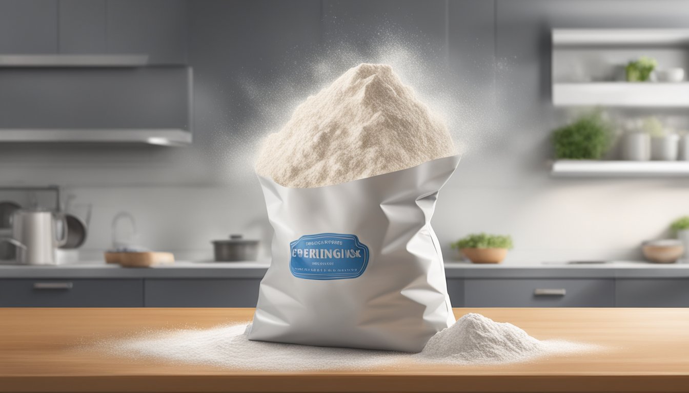 A bag of expired self-rising flour sits on a kitchen counter, with mold growing inside. A cloud of dust rises as it is opened