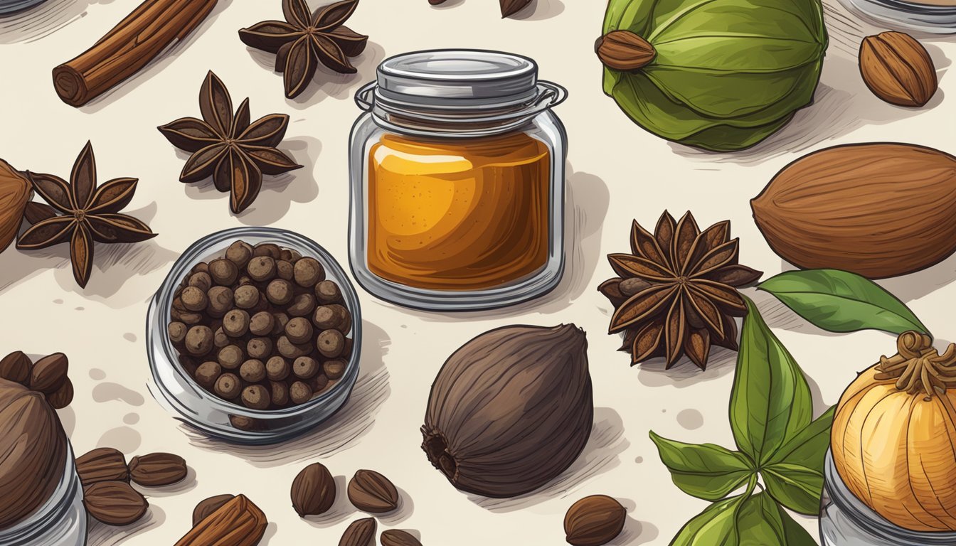 Allspice berries in a glass jar on a wooden shelf, surrounded by other spices. Some berries are plump and fragrant, while others are shriveled and dull in color