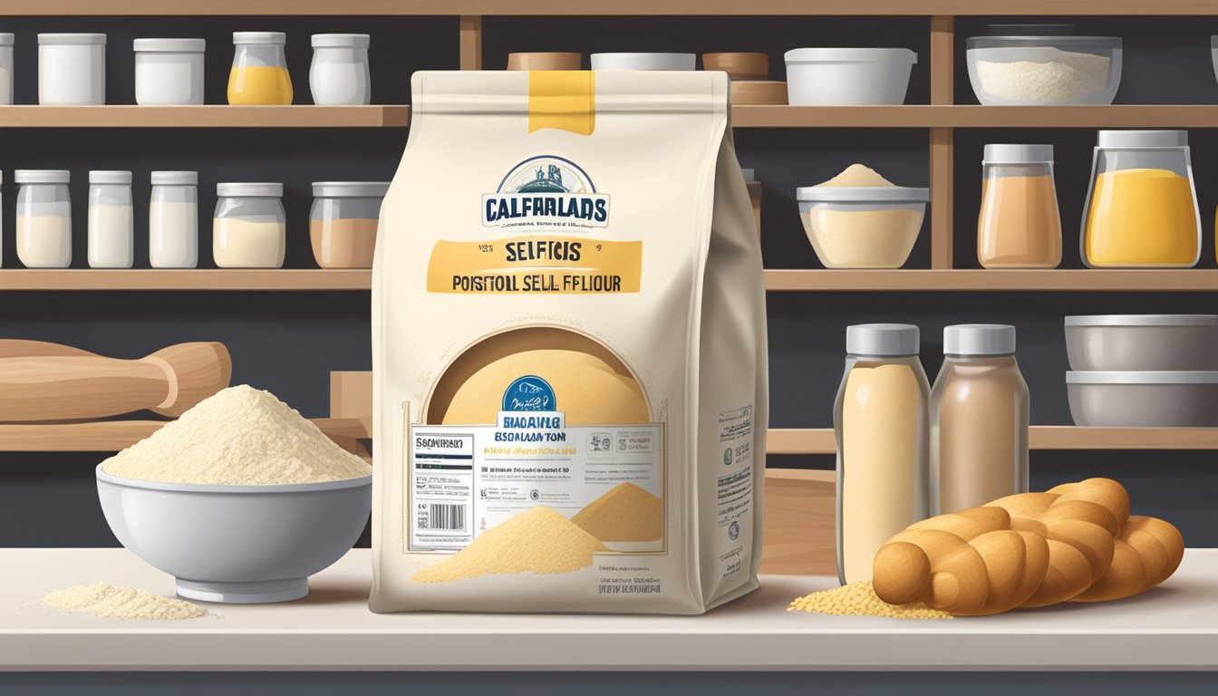 A bag of self-rising flour sits on a pantry shelf, surrounded by other baking ingredients. The packaging is clean and unopened, with a best-by date clearly visible