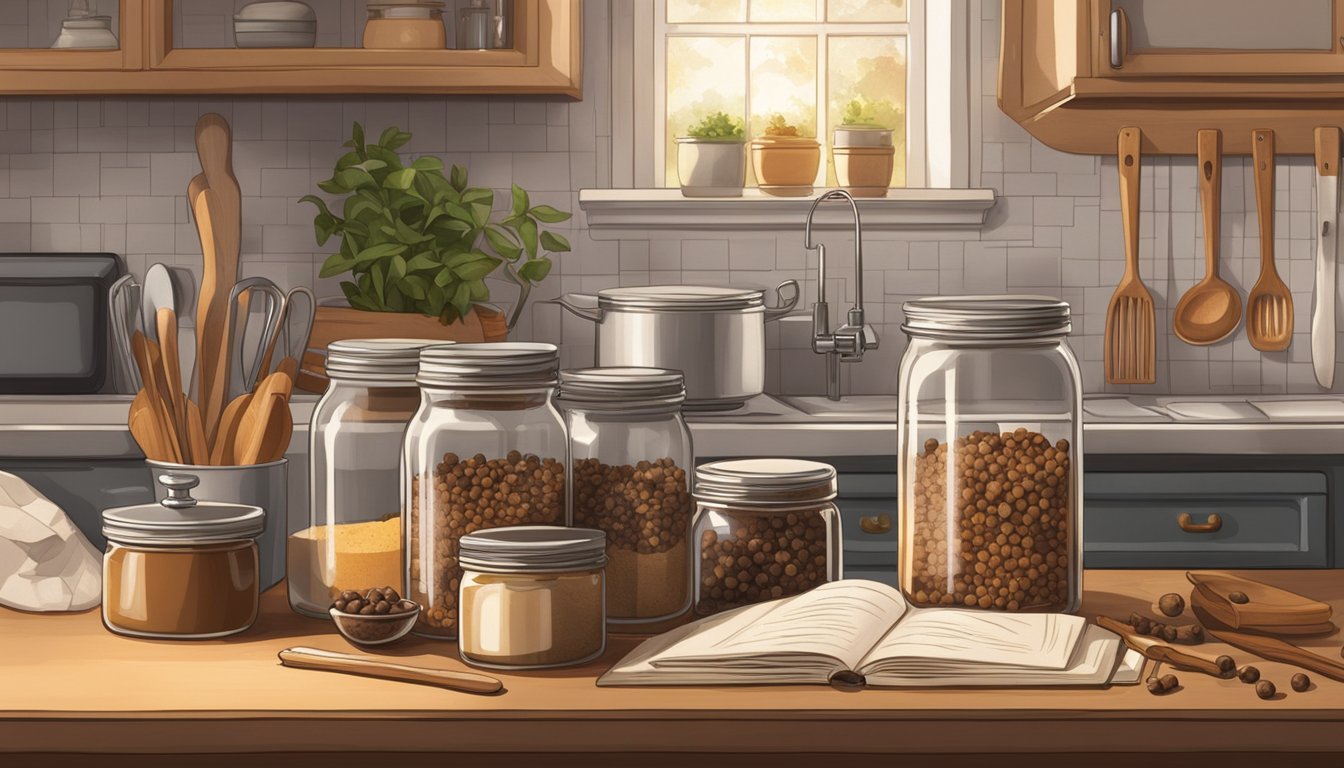 A jar of allspice sits on a cluttered kitchen counter, surrounded by various cooking utensils and recipe books. A warm, inviting glow from the nearby stove illuminates the scene