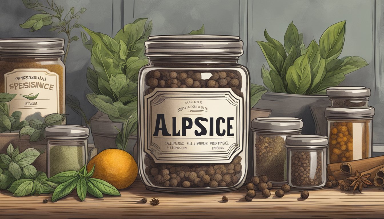 A jar of allspice sits on a shelf, surrounded by various other spices and herbs. The label on the jar is faded, indicating it may have been there for some time