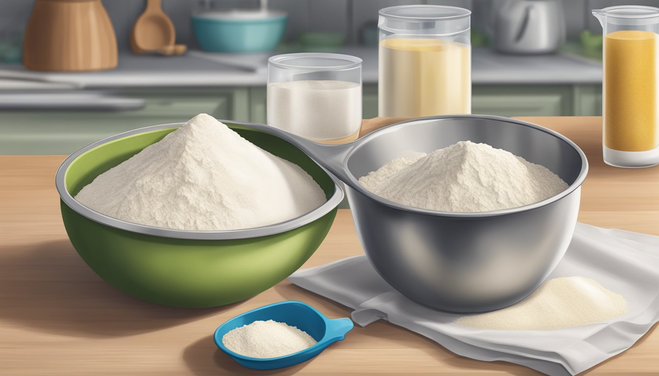 A bag of self-rising flour sits open on a kitchen counter, with a measuring cup and a mixing bowl nearby