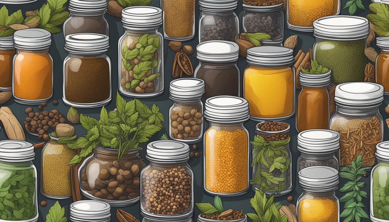 A jar of allspice sitting on a well-stocked spice rack, surrounded by other colorful containers of various herbs and spices