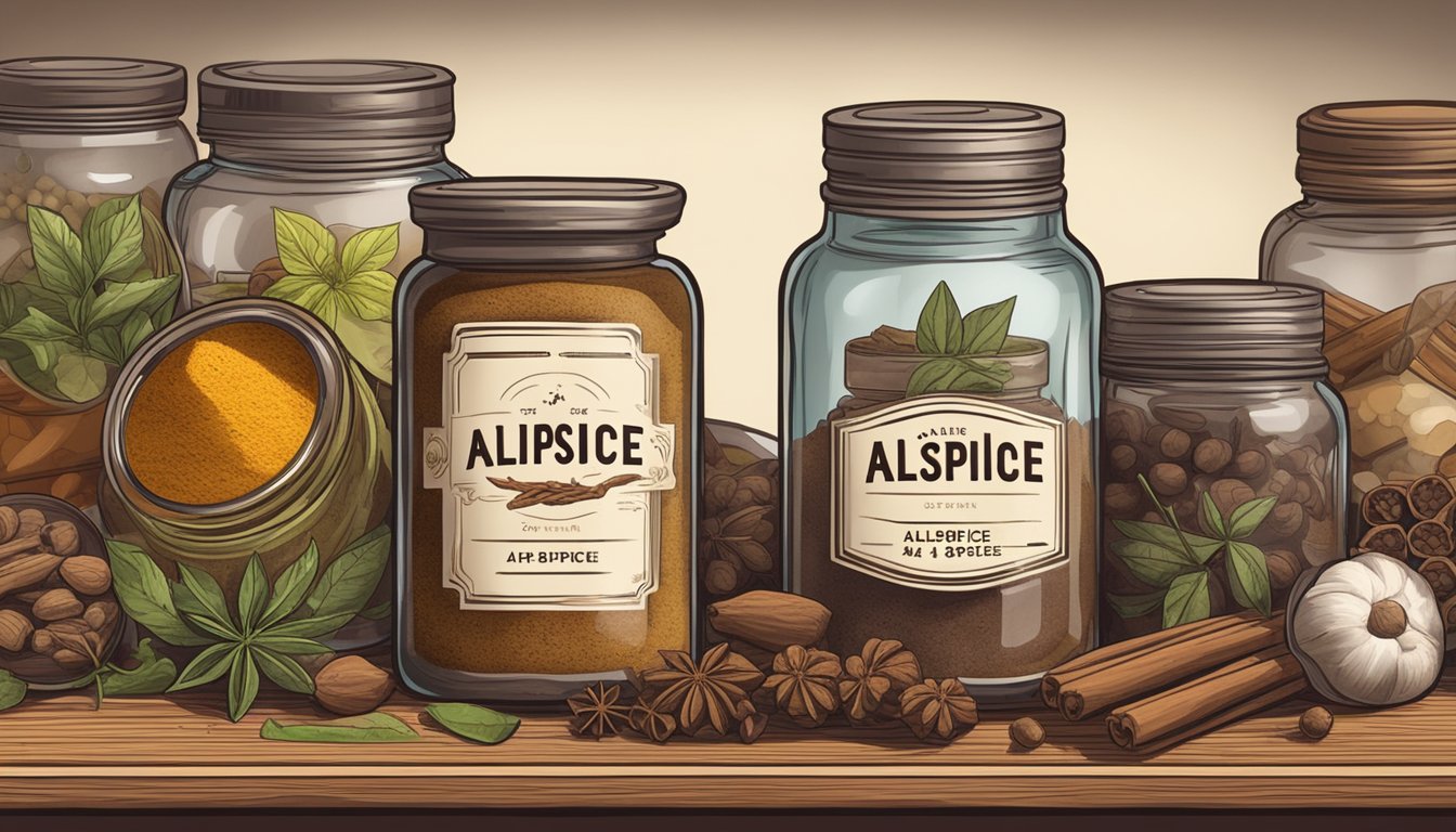 A jar of allspice sits on a wooden spice rack, surrounded by other jars of various spices. The label on the allspice jar is faded and peeling