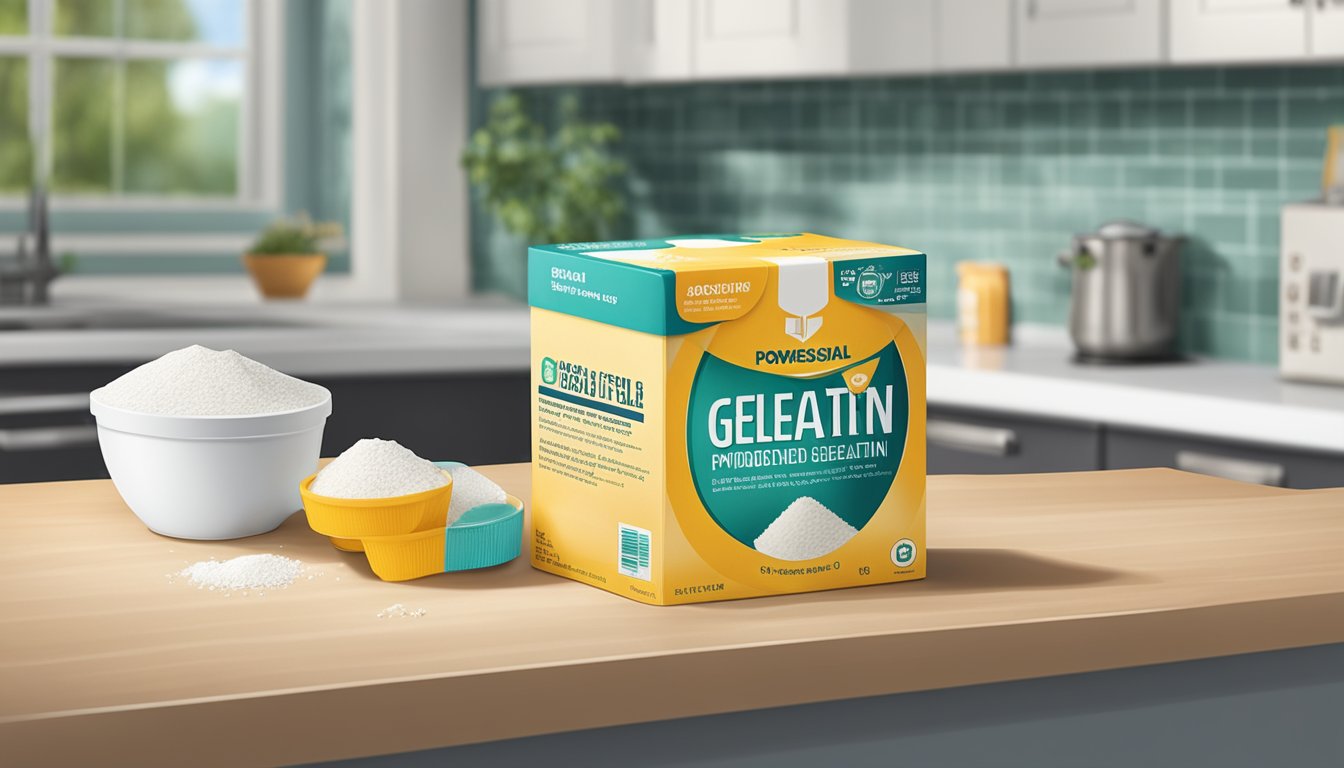 A box of powdered gelatin sits on a kitchen counter, next to an open expiration date label