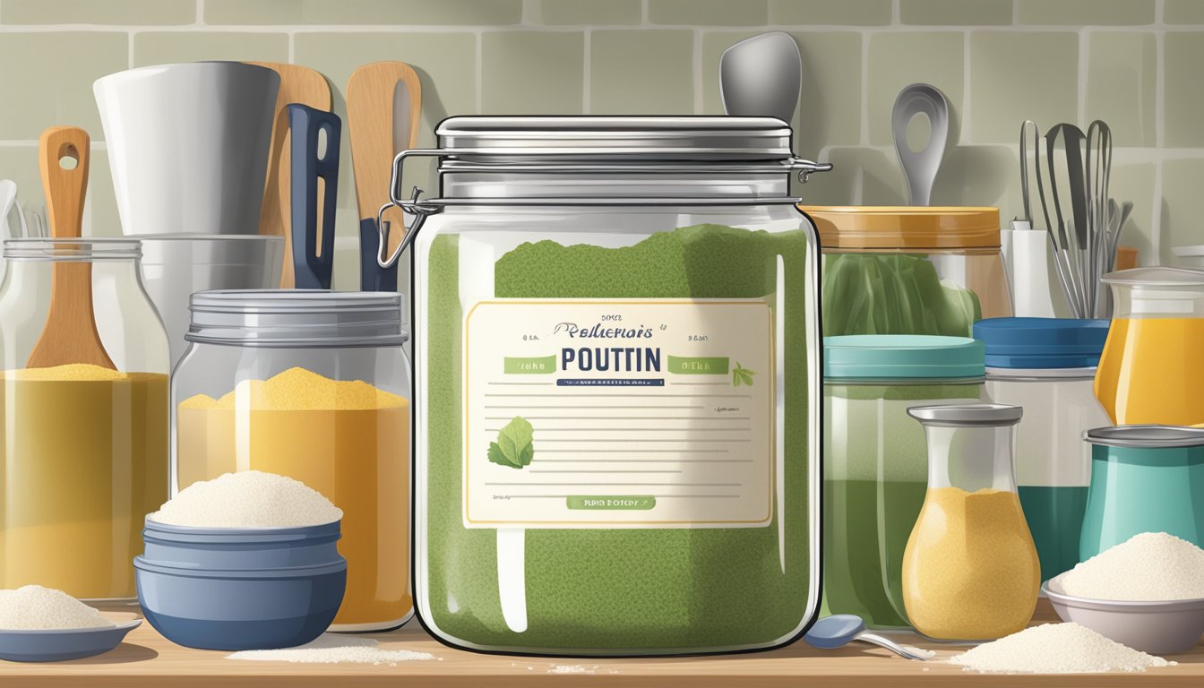 A jar of powdered gelatin sits on a kitchen counter, surrounded by various cooking utensils and ingredients. A recipe book is open to a page about gelatin