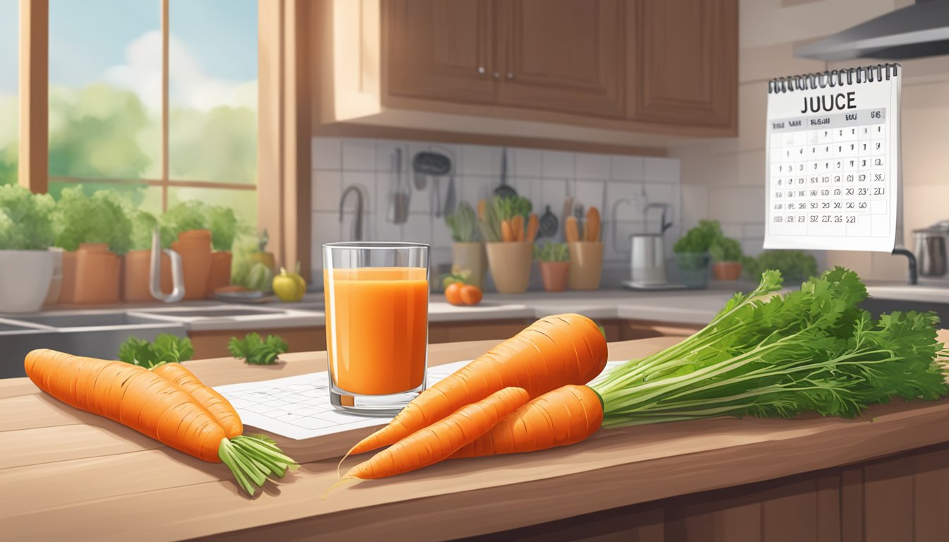 A glass of carrot juice sits on a kitchen counter, surrounded by fresh carrots and a calendar in the background