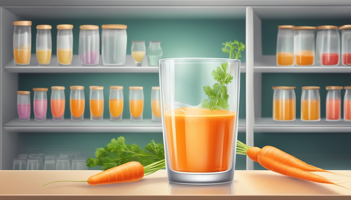 A glass of carrot juice sits on a shelf, surrounded by various factors such as temperature, light, and air exposure