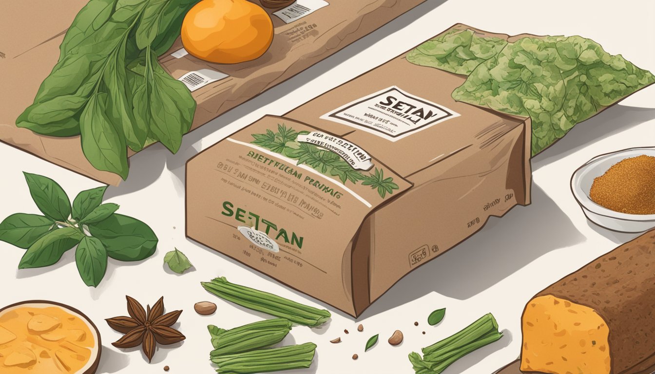 A package of seitan sits on a kitchen counter, surrounded by various spices and herbs. The packaging is slightly torn, indicating it may have been opened