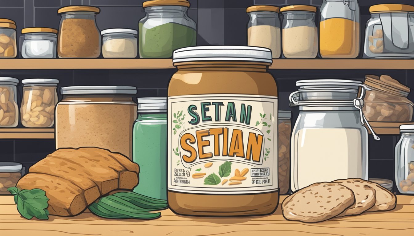 A jar of seitan sits on a kitchen shelf, surrounded by other pantry items. The label indicates the expiration date, and the seitan appears fresh and unspoiled