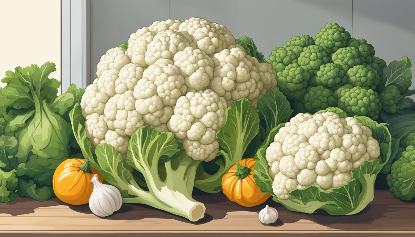 A head of fresh cauliflower sits on a clean kitchen counter, surrounded by other vegetables