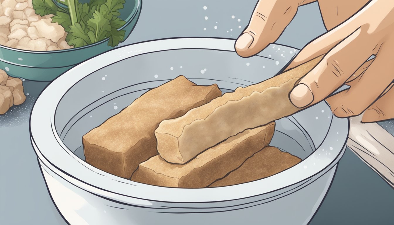 A person removing frozen seitan from a package and thawing it in a bowl of warm water