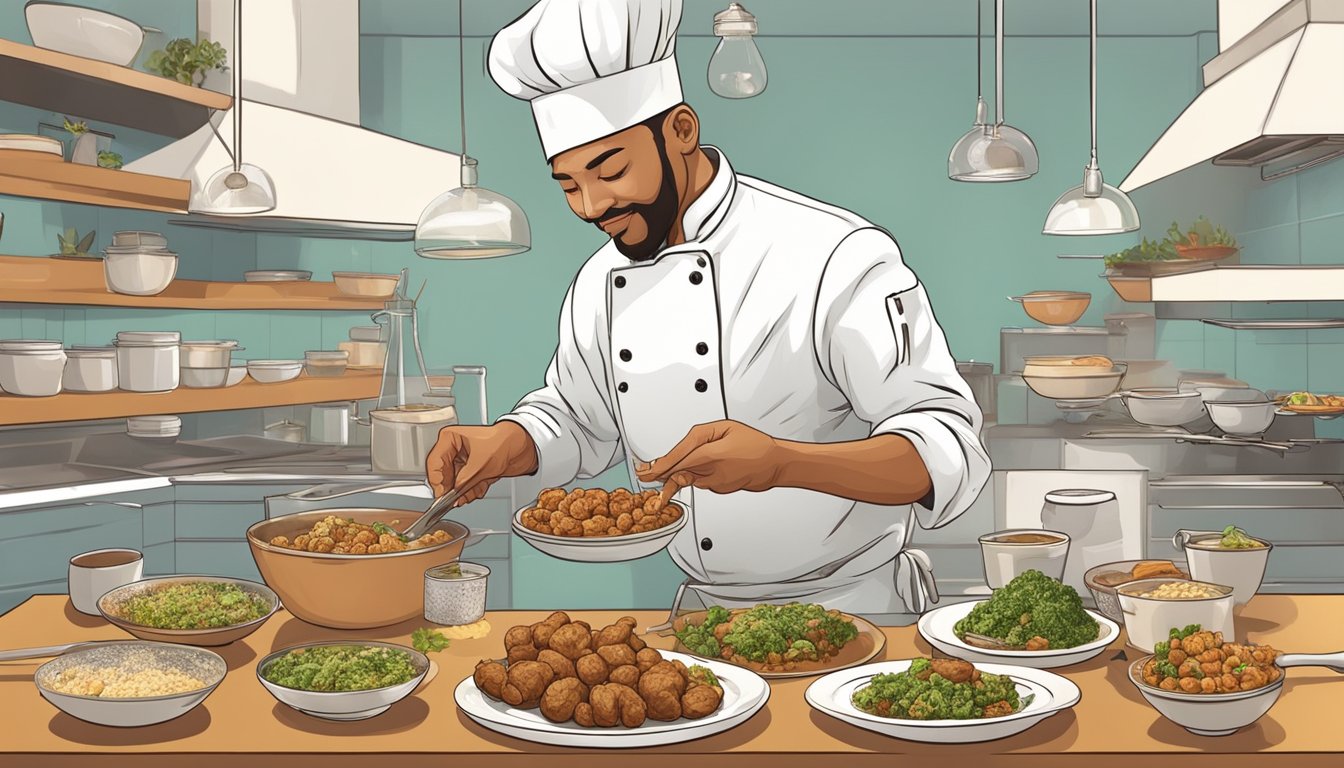 A chef adding seitan to various dishes, experimenting with different cooking methods and flavors