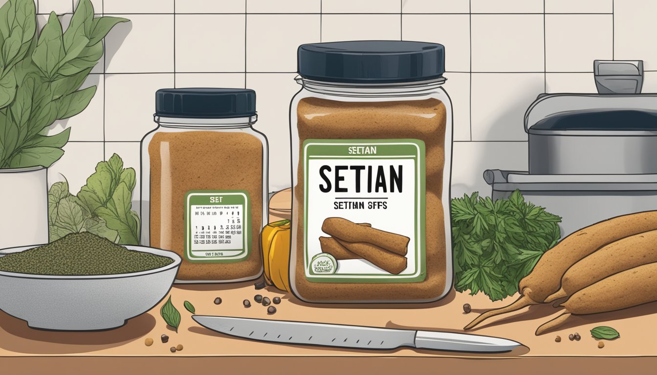 A package of seitan sits on a kitchen counter, surrounded by various spices and herbs. A calendar on the wall shows the current date