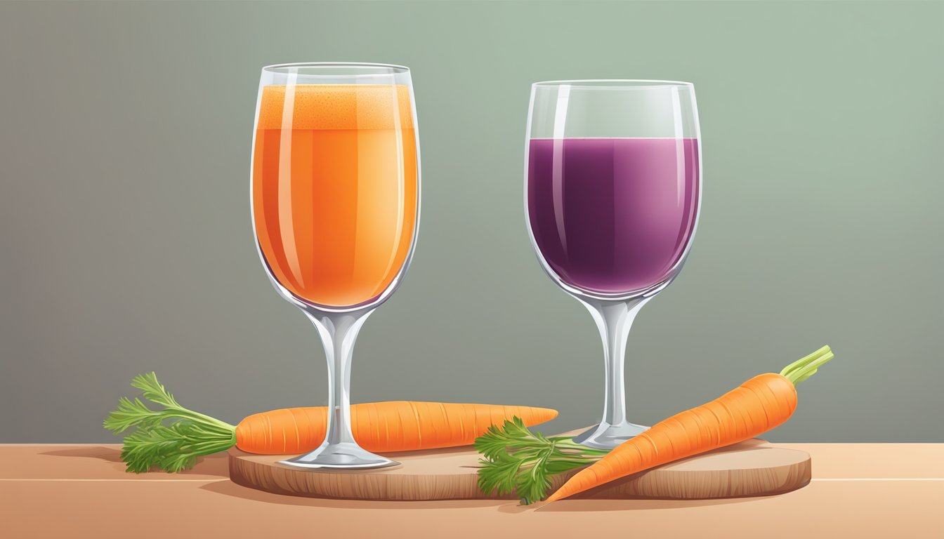 A glass of fresh carrot juice next to a glass of spoiled carrot juice, with visible differences in color, texture, and smell