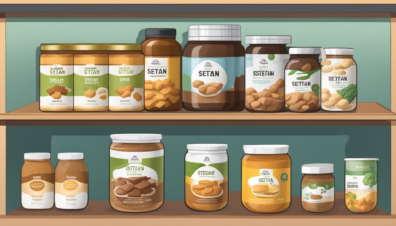 A shelf with various seitan products, some fresh and others expired, next to a chart comparing shelf life and storage methods