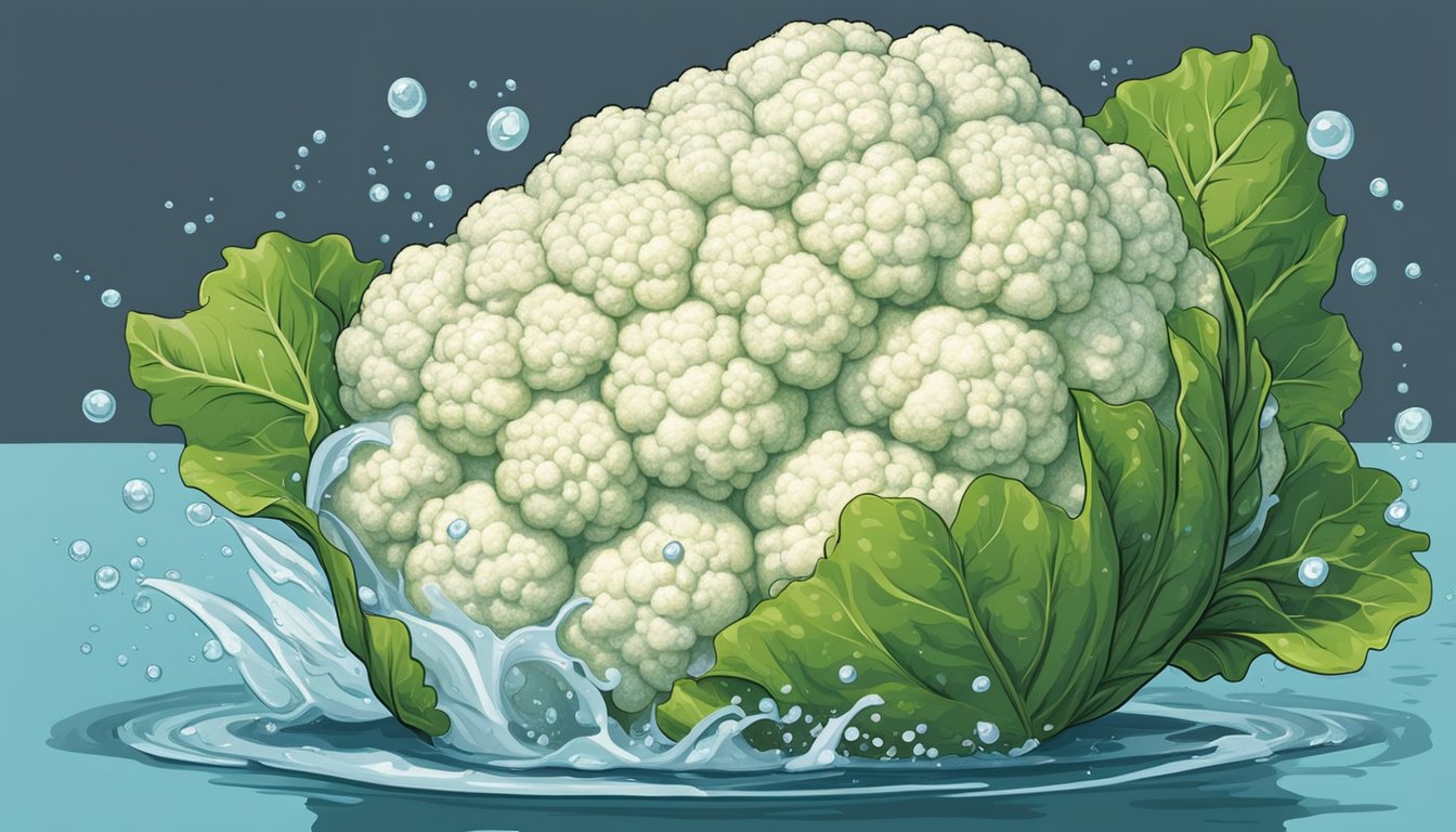 A whole cauliflower being rinsed under running water