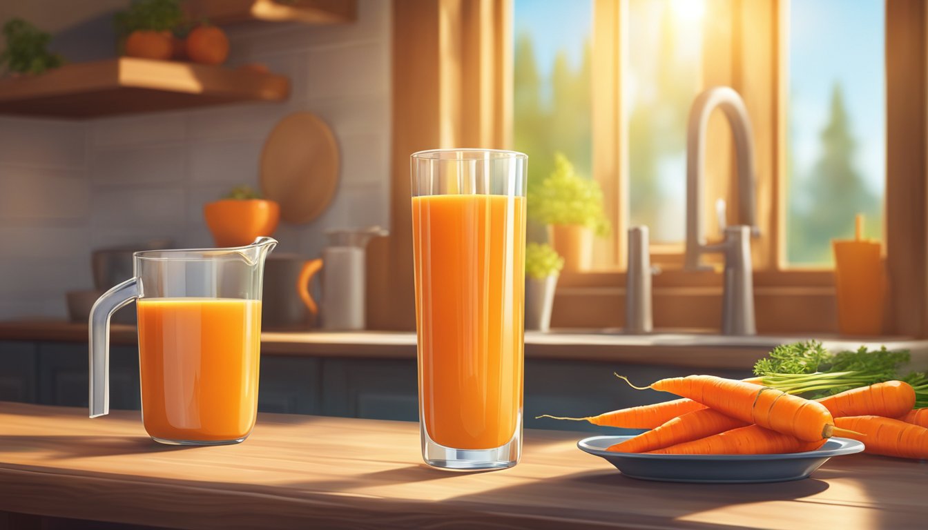 A glass of fresh carrot juice sits on a wooden table, surrounded by vibrant orange carrots and a juicer. Sunlight streams through a nearby window, casting a warm glow over the scene