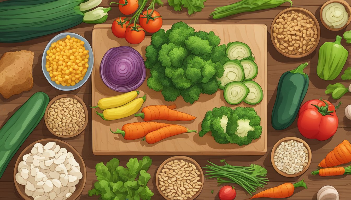 A colorful array of fresh vegetables and grains surrounds a package of seitan, all arranged on a wooden cutting board