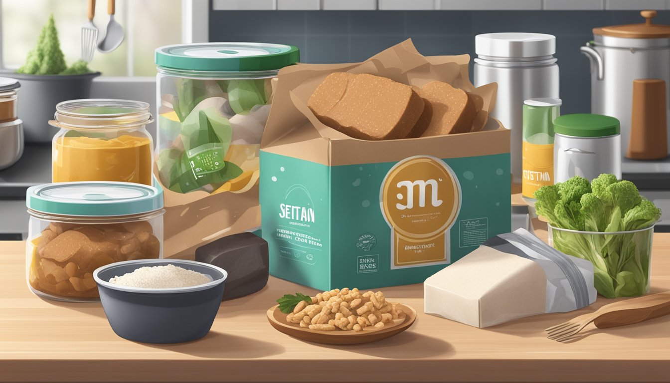 A sealed package of seitan sits on a kitchen counter, surrounded by various food items and cooking utensils