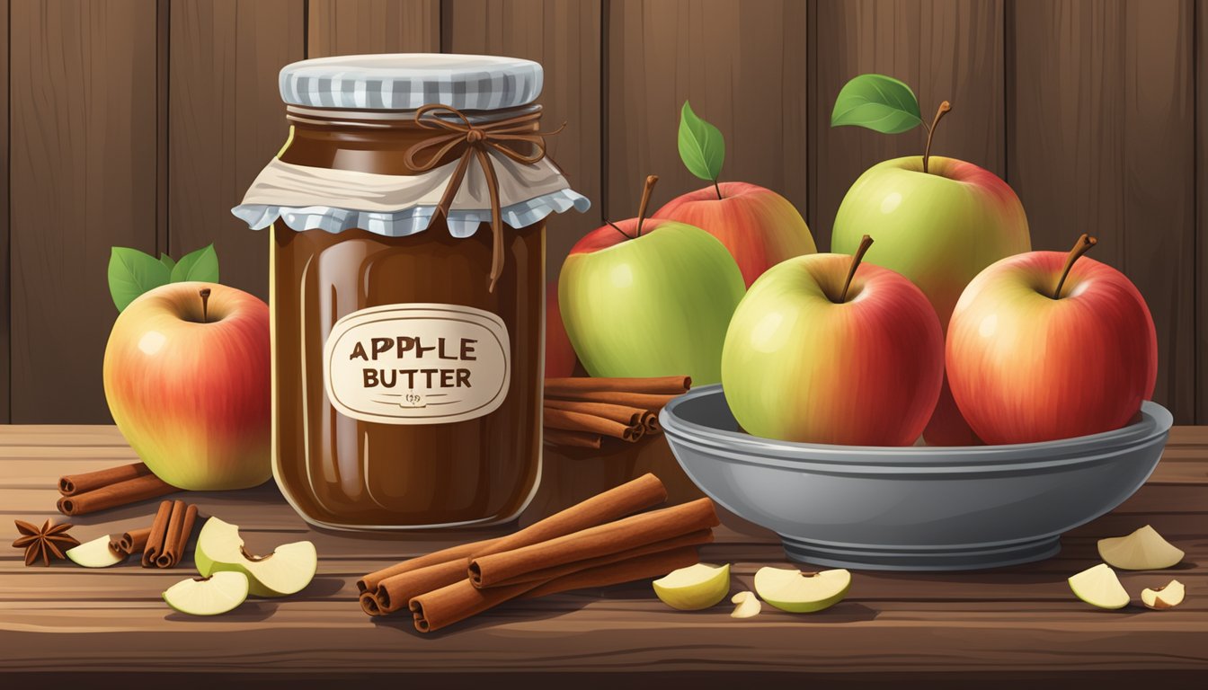 A jar of apple butter surrounded by fresh apples and cinnamon sticks on a rustic wooden table