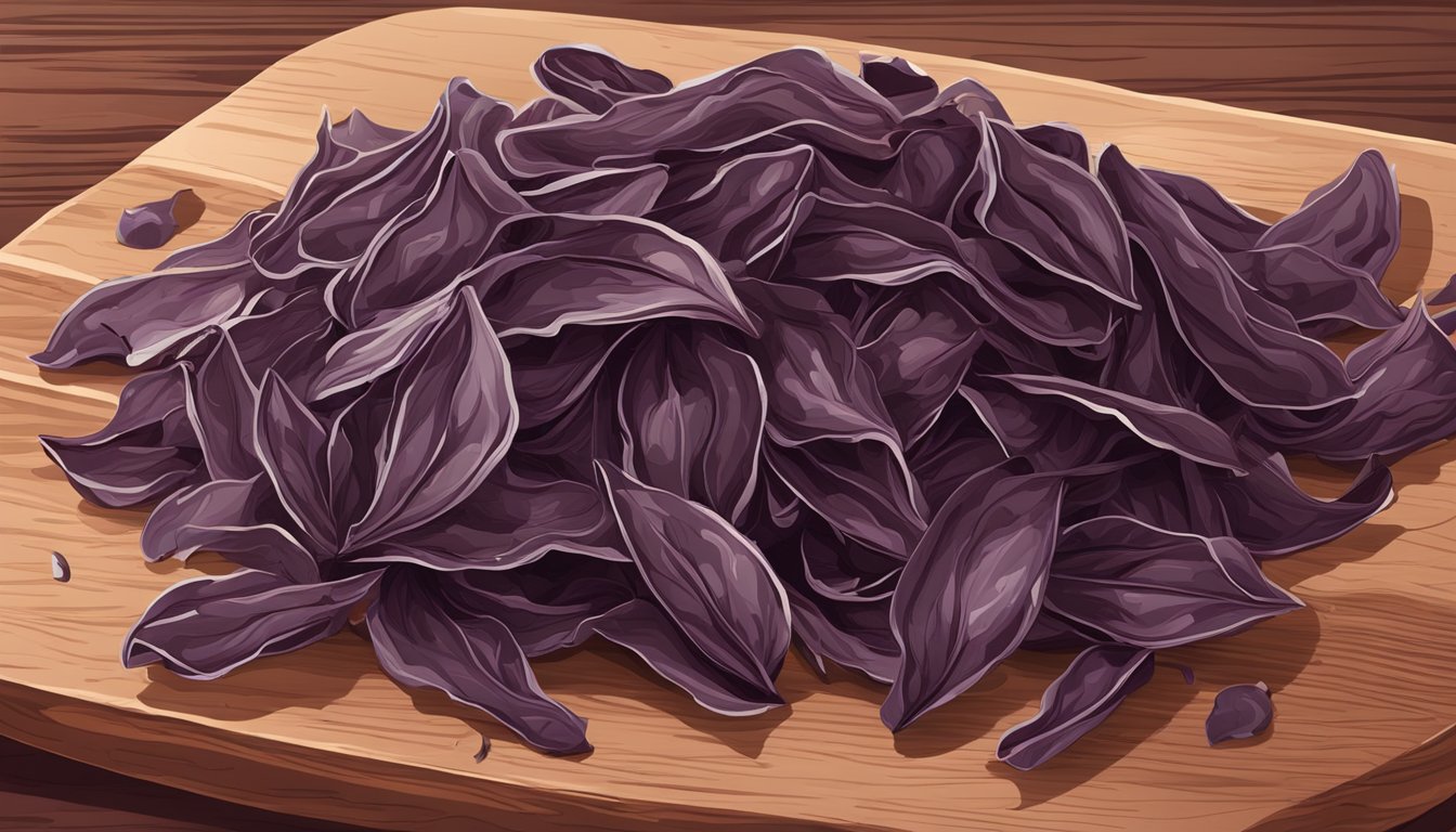 A pile of dried dulse sits on a wooden cutting board, with some pieces starting to curl at the edges